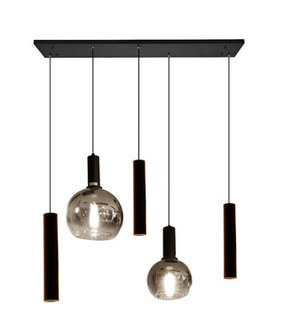 Langwerpige Eettafel Hanglamp – 2 Smoke Glasbollen in Afwijkende Grootte + 3 Buisspots  – Designlamp 5 Lichtpunten