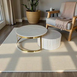 Japandi Dubblo salontafel set – Travertin blad & goud accent