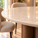 Ovale Japandi Travertijn Eettafel 180 x 90 cm – Beige met Bruine Poot