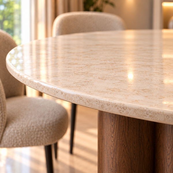 Ovale Japandi Travertijn Eettafel 180 x 90 cm – Beige met Bruine Poot