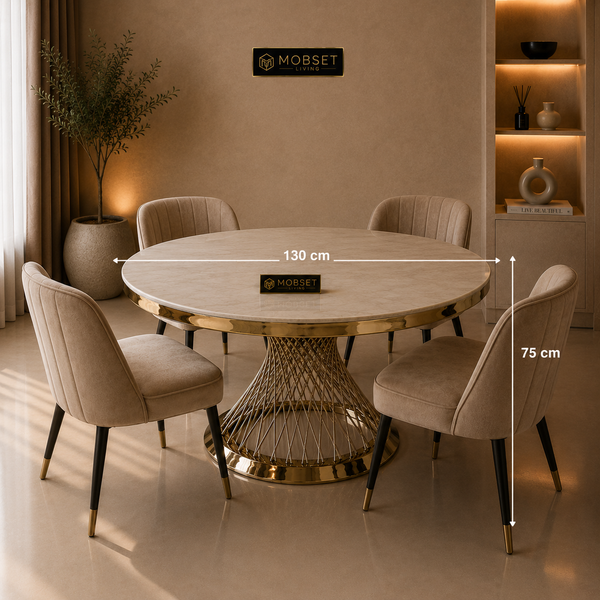 Travertin Eettafel Rond– Crème Blad met Gouden Spin Poot