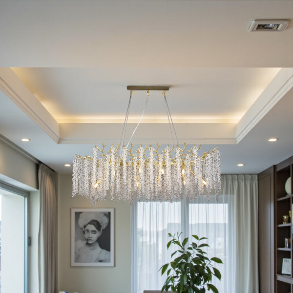 Ovale Hanglamp Kroonluchter Eethoek Goud met Kristallen Stenen - 10 Lichtpunten