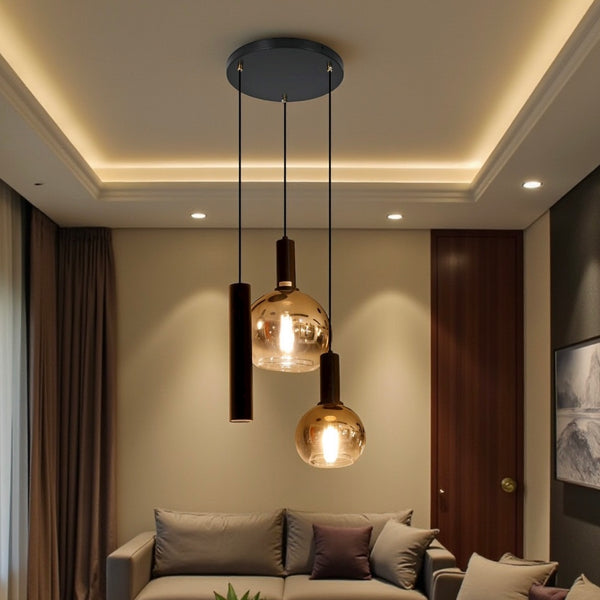 Industriële Hanglamp – Zwart/Amber Glas – 3-Lichts – Dimbaar