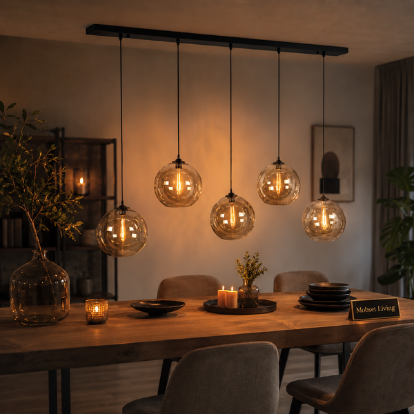 Hanglamp Eettafel Amber Glas 5 Lichtpunten