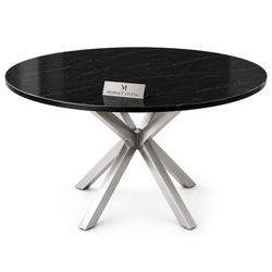 Eettafel Zwart Rond Travertin – Zilver Poot -130cm