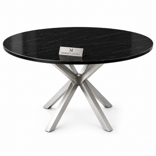 Eettafel Zwart Rond Travertin – Zilver Poot -130cm