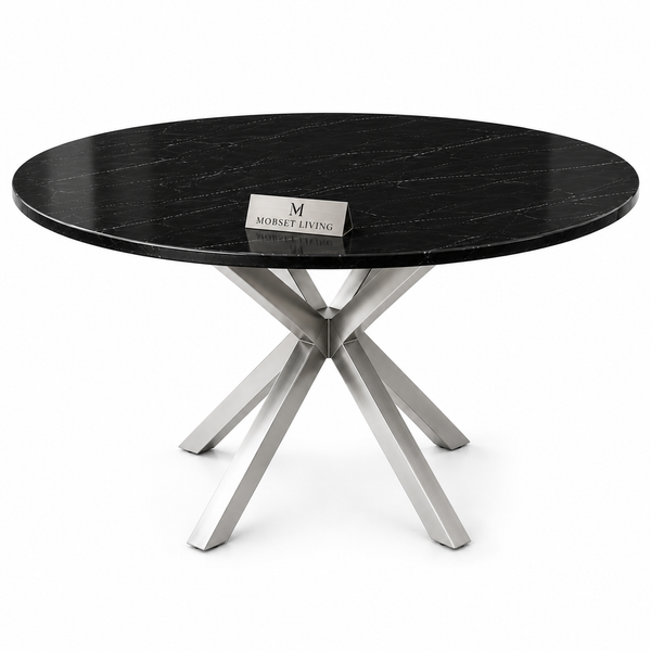 Eettafel Zwart Rond Travertin – Zilver Poot -130cm