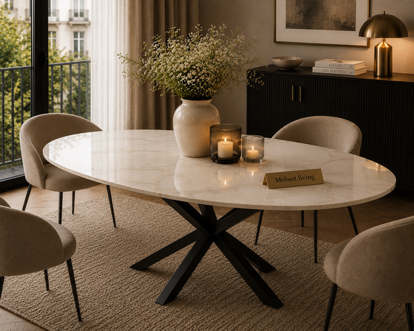 Eettafel ovaal travertin Crème – Zwarte poten - 180cm