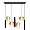 Amber glas Hanglamp Eettafel – Langwerpige Plaat – 4 Bollen in Unieke Vormen + 3 Buisspots – 7 Lichtpunten