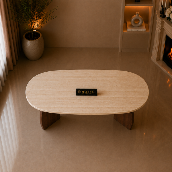 Eettafel Travertin Blad Ovaal Poot Bruin 160x90cm