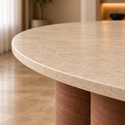 Ronde Travertin Eettafel 130 cm – Beige met Bruine Poot