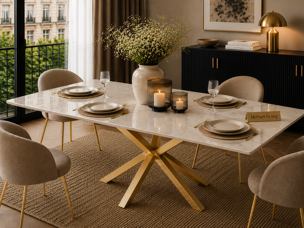 Eettafel Langwerpig – Crème Blad met Gouden Poot 180cm