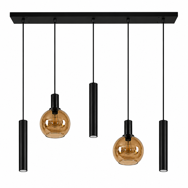 Industriële Hanglamp voor Eettafel – Zwart/Amber Glas – 5-Lichts – Dimbaar