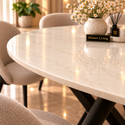 Ovale Travertin Eettafel 180x90 cm Witte blad - Zwarte X-poot - Luna