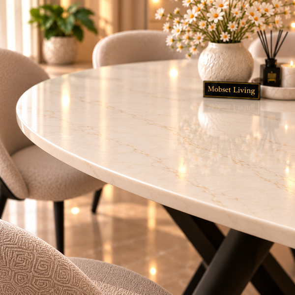 Ovale Travertin Eettafel 180x90 cm Witte blad - Zwarte X-poot - Luna