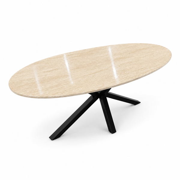 Eettafel Ovaal Beige Travertin met x poten zwart 180cm