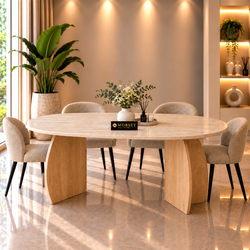 Eettafel Travertin Blad Poten Hout 160x90cm
