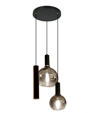 Hanglamp Ronde Plaat – 3 Lichtpunten – 2 Smoke Glasbollen + 1 Buisspot– Compact & Stijlvol voor Eettafel of Hal
