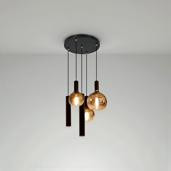 Industriële Hanglamp – Zwart/Amber Glas – 5-Lichts – Dimbaar