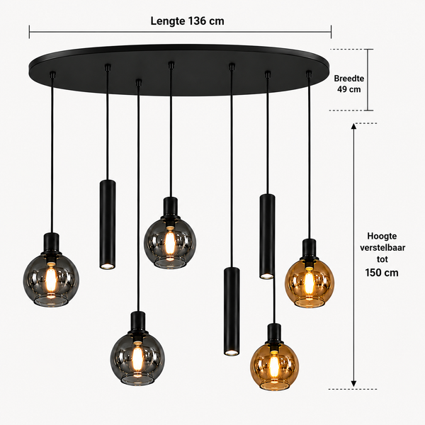 Hanglamp Ovaal Voor Eettafel- Amber & Smoke glas - 8 lichtpunten