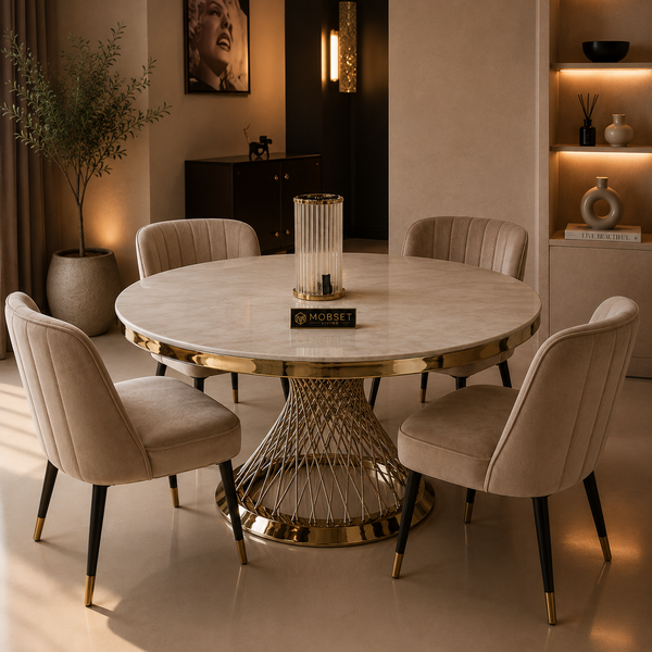 Travertin Eettafel Rond– Crème Blad met Gouden Spin Poot