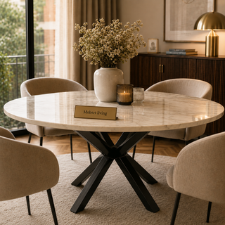 Eettafel Travertin Rond Crème – Luxe Tafel met Zwarte Poten -130cm
