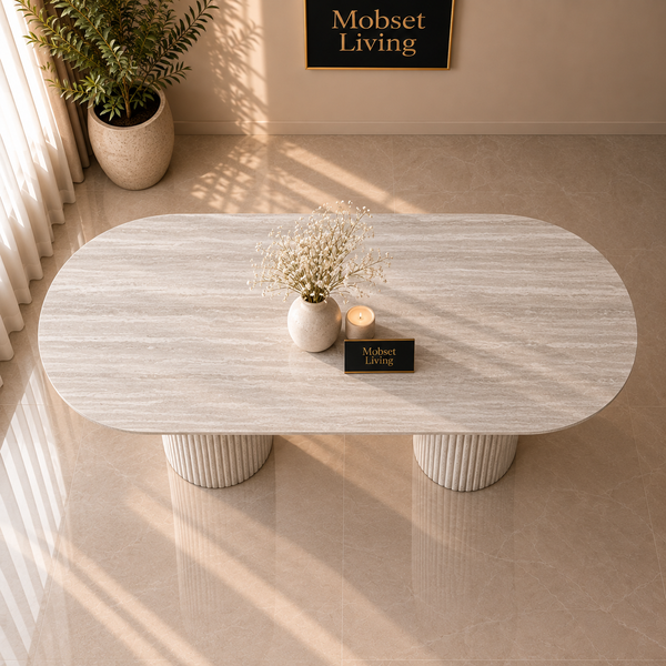 Eettafel Japandi Grijs MDF 2 potig ovaal 180cm - Kimberly