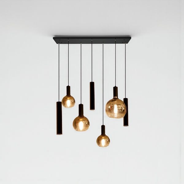 Industriële Hanglamp voor Eettafel – Zwart/Amber Glas – 7-Lichts – Dimbaar