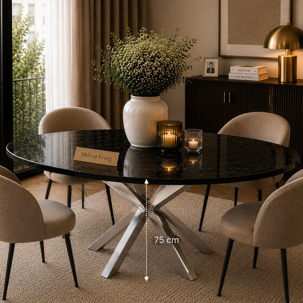 Ovale Zwarte Travertin Eettafel 160x90 cm Zilveren X-poot - Dina