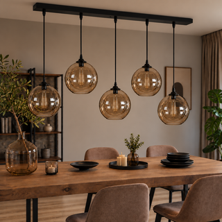 Hanglamp Eettafel Amber Glas 5 Lichtpunten