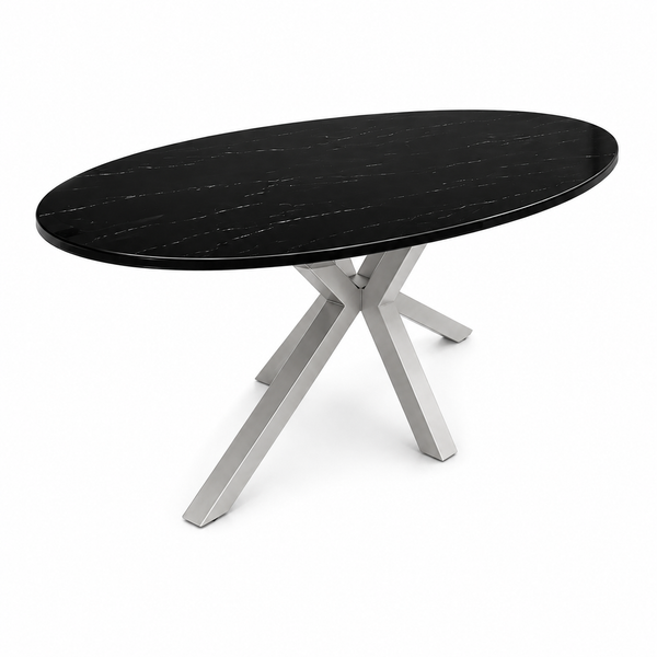 Eettafel ovaal Travertin zwart x poten zilver 160cm