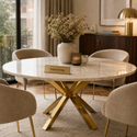 Travertin  Eettafel Rond– Crème Blad met poten goud - 130cm
