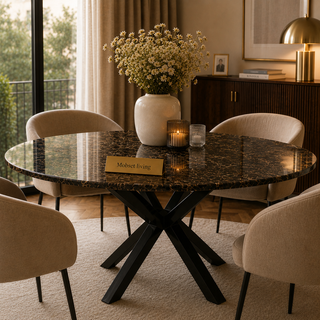 Eettafel Rond Travertin – Bruine Blad met Zwarte Poten - 130cm