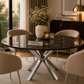 Eettafel bruin poten zilver Travertin 130cm
