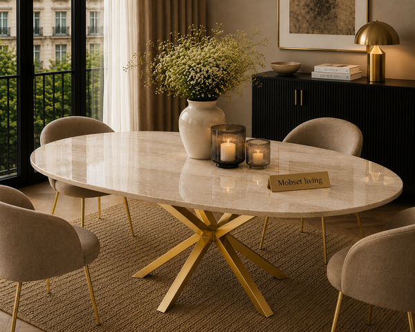 Eettafel Ovaal Beige Travertin met x goud 180cm