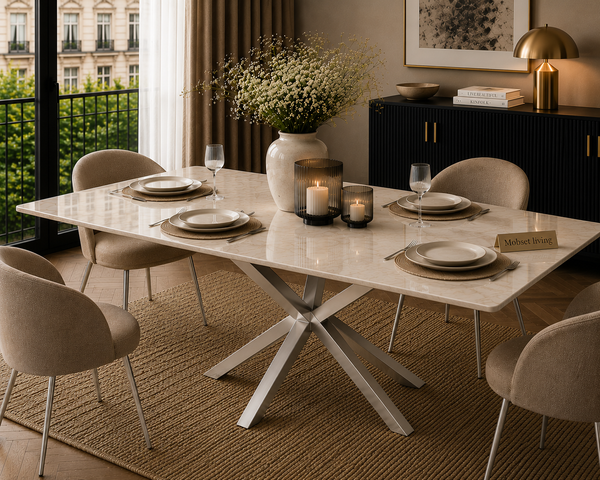 Eettafel Travertin Crème – Stijlvolle Zilveren Onderstel 180cm