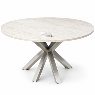 Eettafel Rond Travertin – Crème Blad met Zilveren Poot -130cm