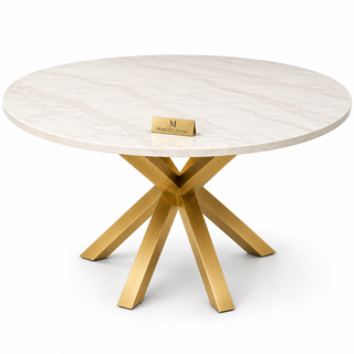 Travertin  Eettafel Rond– Crème Blad met poten goud - 130cm