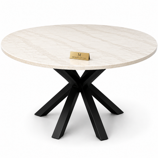 Eettafel Travertin Rond Crème – Luxe Tafel met Zwarte Poten -130cm