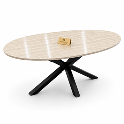 Eettafel Ovaal Beige Travertin met x poten zwart 180cm