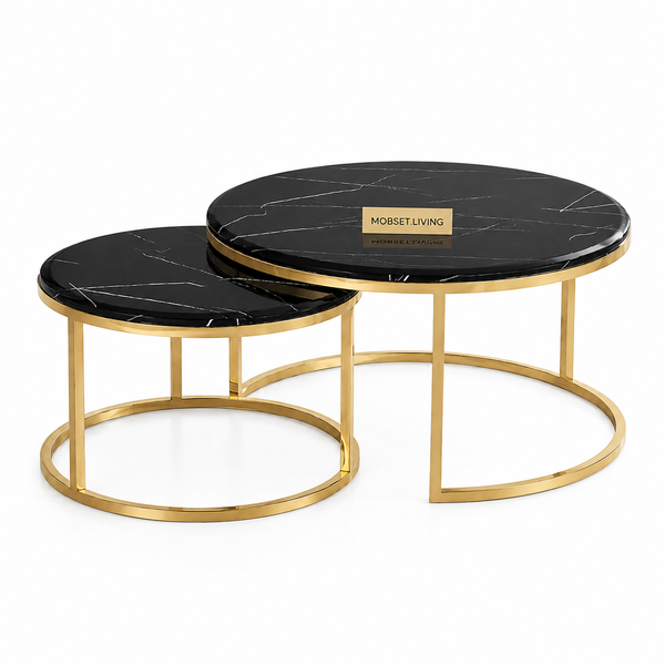 Salontafels Rond Travertin Goud Met Zwart