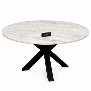 Eettafel Travertin Rond Crème – Luxe Tafel met Zwarte Poten -130cm