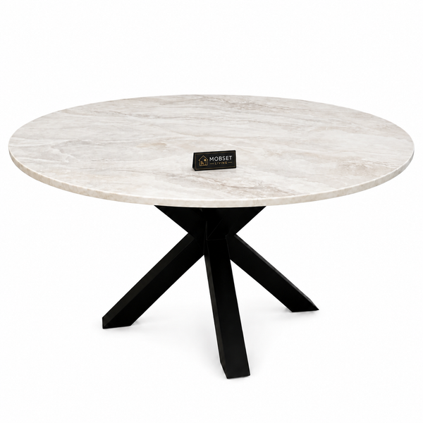 Eettafel Travertin Rond Crème – Luxe Tafel met Zwarte Poten -130cm
