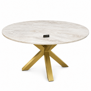 Travertin  Eettafel Rond– Crème Blad met poten goud - 130cm