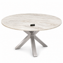 Eettafel Rond Travertin – Crème Blad met Zilveren Poot -130cm