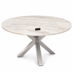 Eettafel Rond Travertin – Crème Blad met Zilveren Poot -130cm