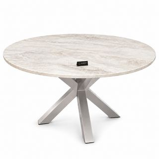 Eettafel Rond Travertin – Crème Blad met Zilveren Poot -130cm