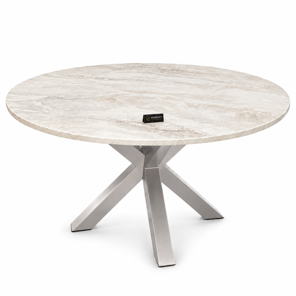 Eettafel Rond Travertin – Crème Blad met Zilveren Poot -130cm