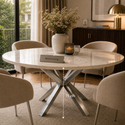 Eettafel Rond Travertin – Crème Blad met Zilveren Poot -130cm