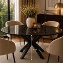 Eettafel Rond Travertin – Bruine Blad met Zwarte Poten - 130cm
